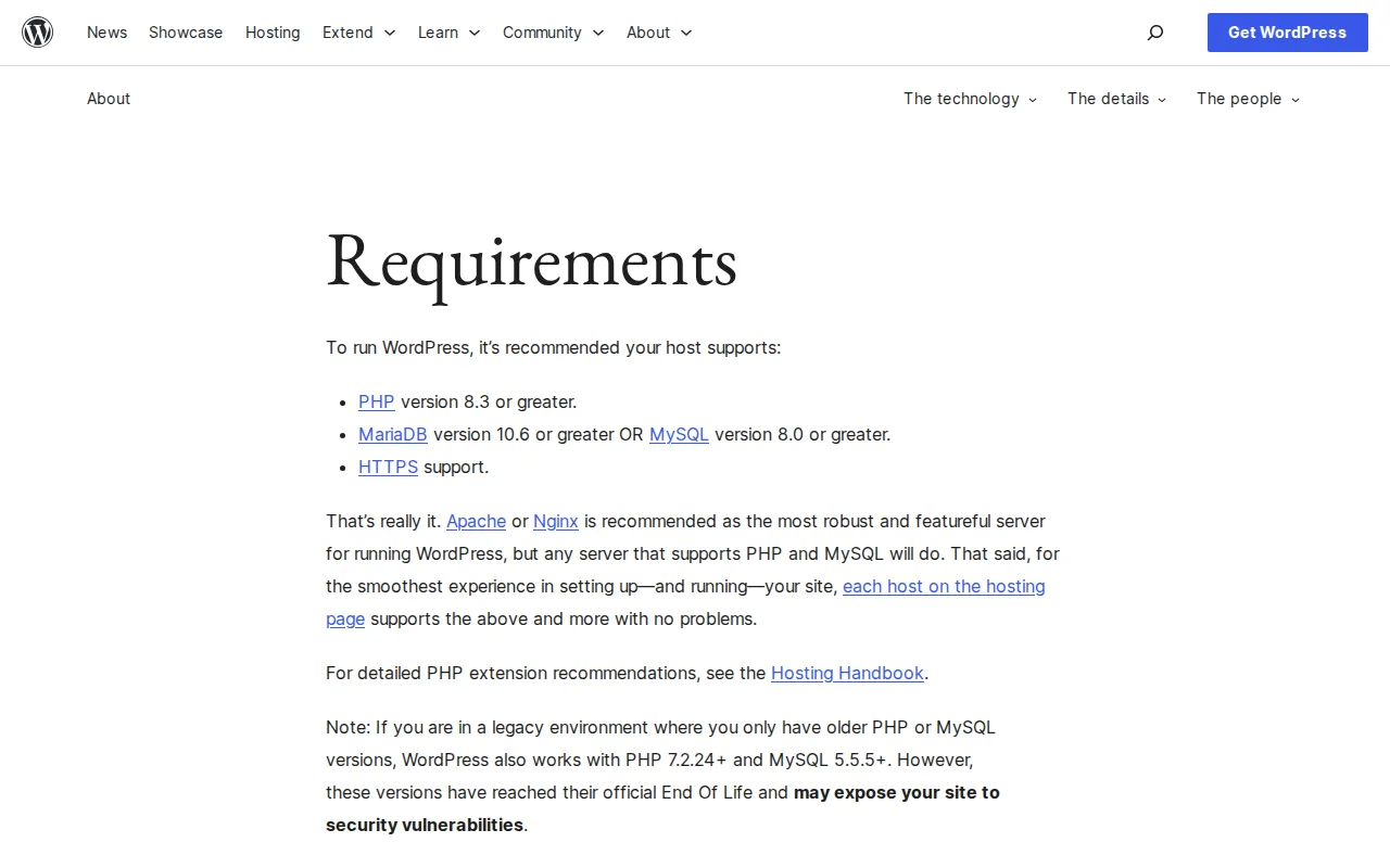 WordPress.org official server requirements page showing PHP 8.3, MySQL 8.0, and HTTPS as the recommended hosting specs