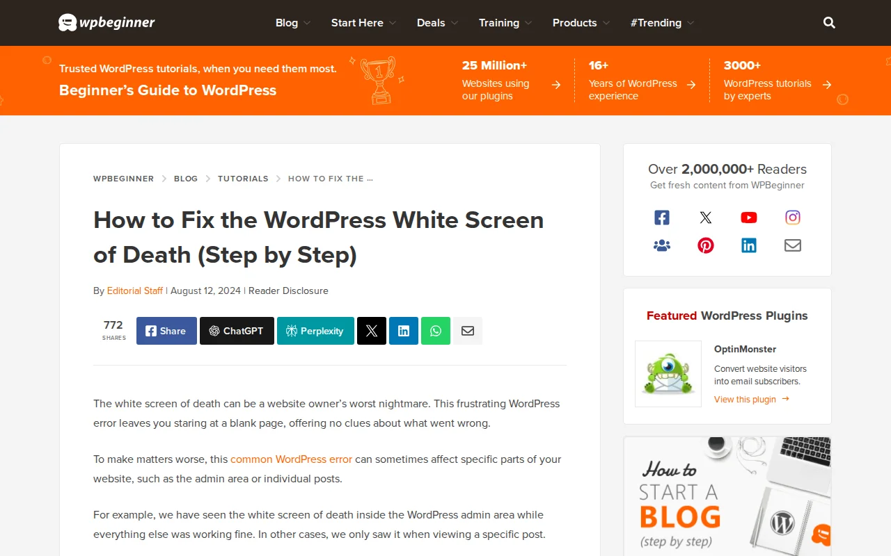 WPBeginner guide on fixing the WordPress White Screen of Death