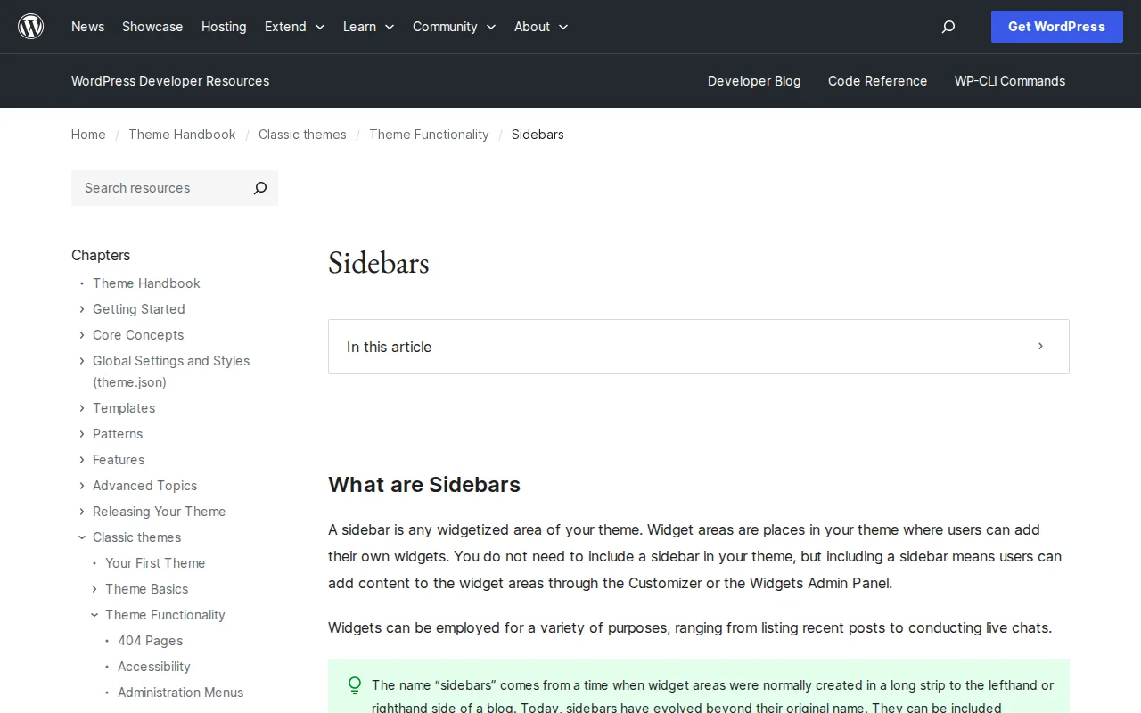 WordPress Sidebars documentation in the Theme Handbook on developer.wordpress.org
