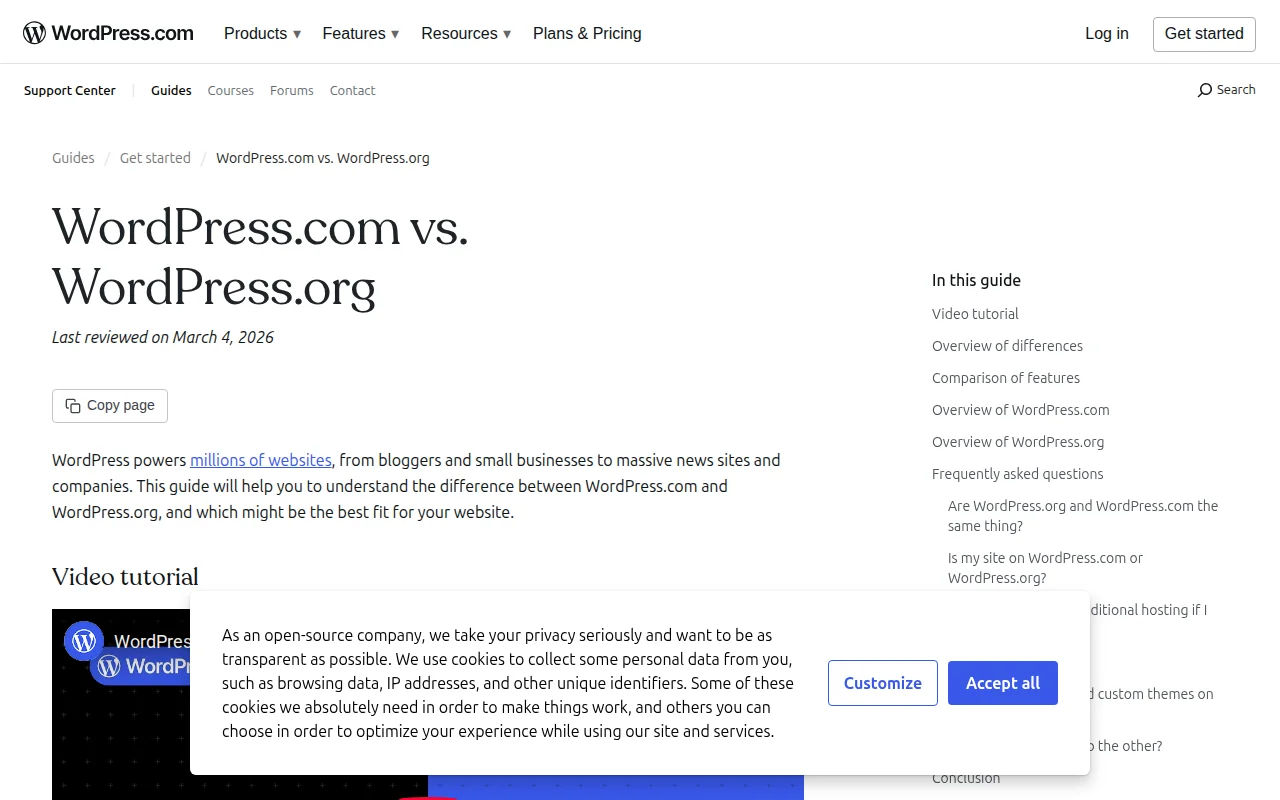 WordPress.com support page explaining the difference between WordPress.com and WordPress.org