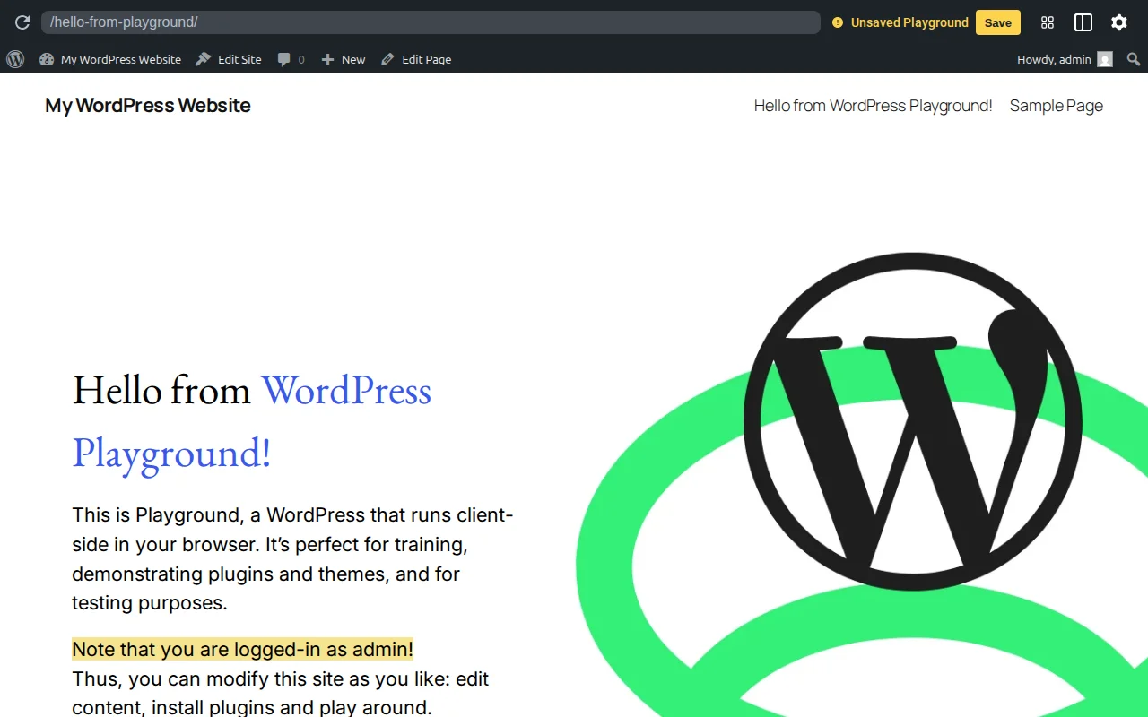 WordPress Playground running a full WordPress site directly in the browser