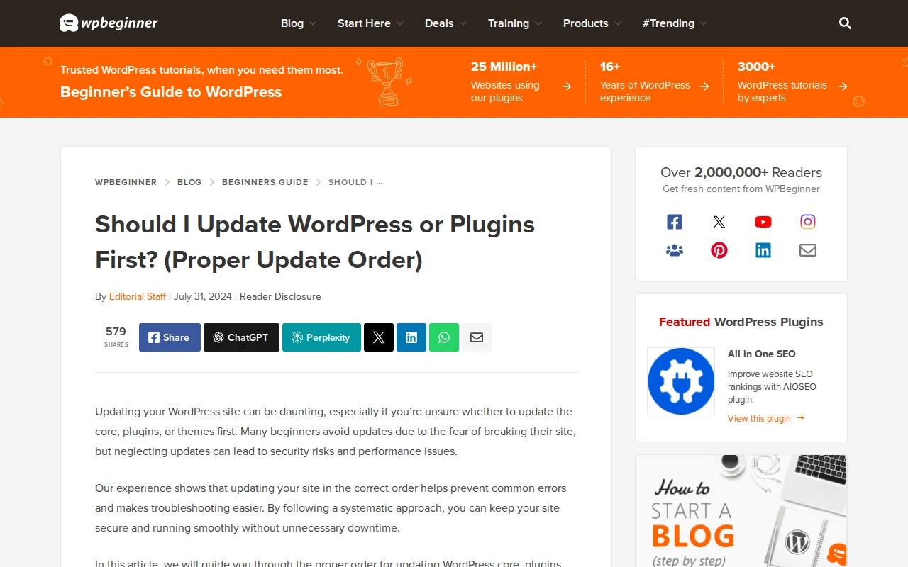 WPBeginner guide explaining the proper order to update WordPress core, plugins, and themes