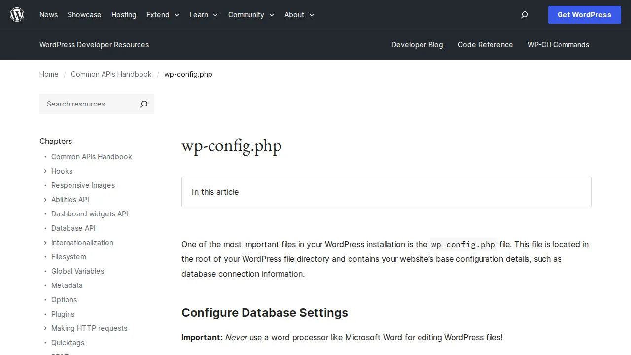 WordPress developer documentation for wp-config.php — the main configuration file