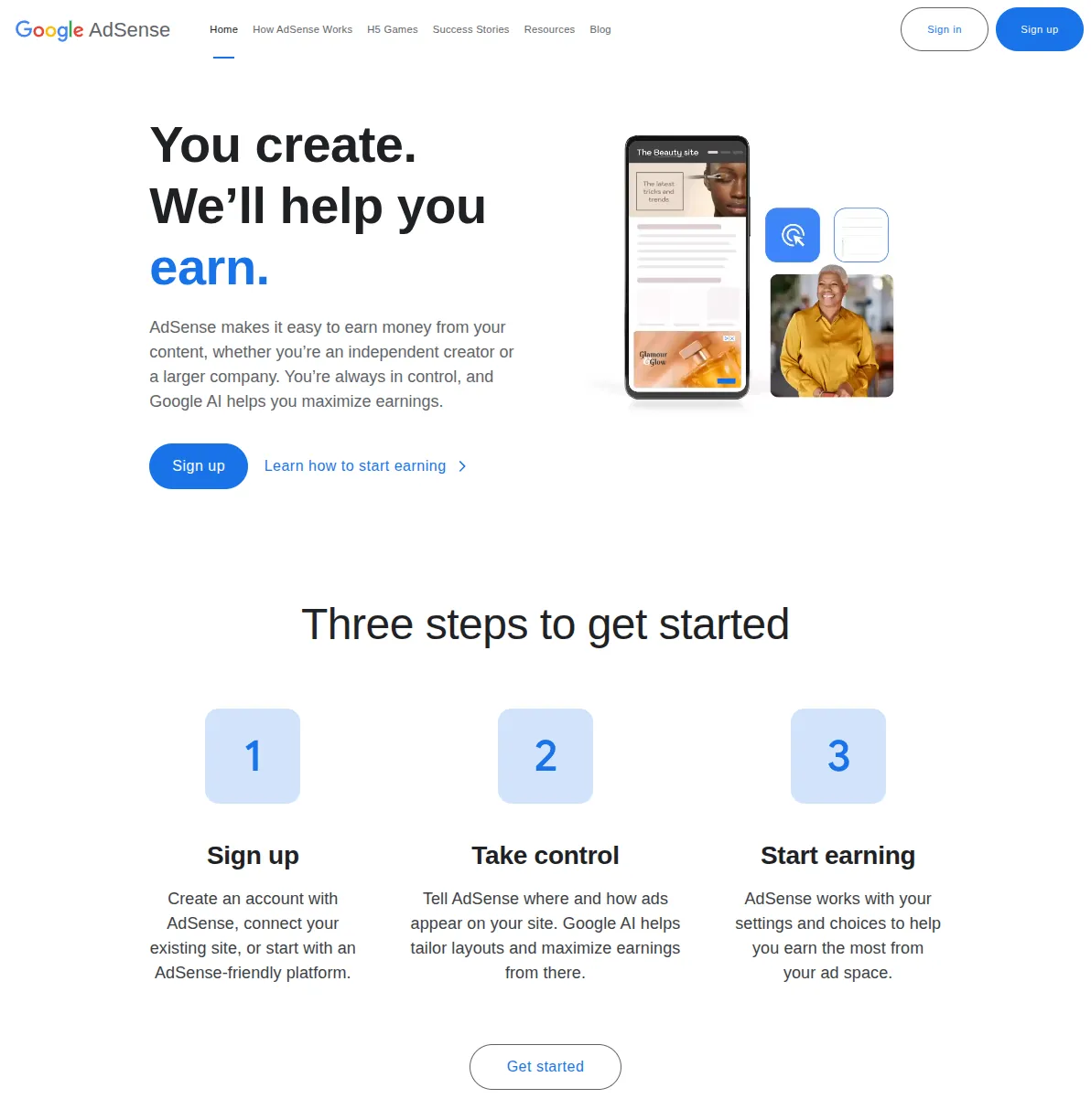 Google AdSense homepage showing the earnings calculator and sign-up process for website monetization