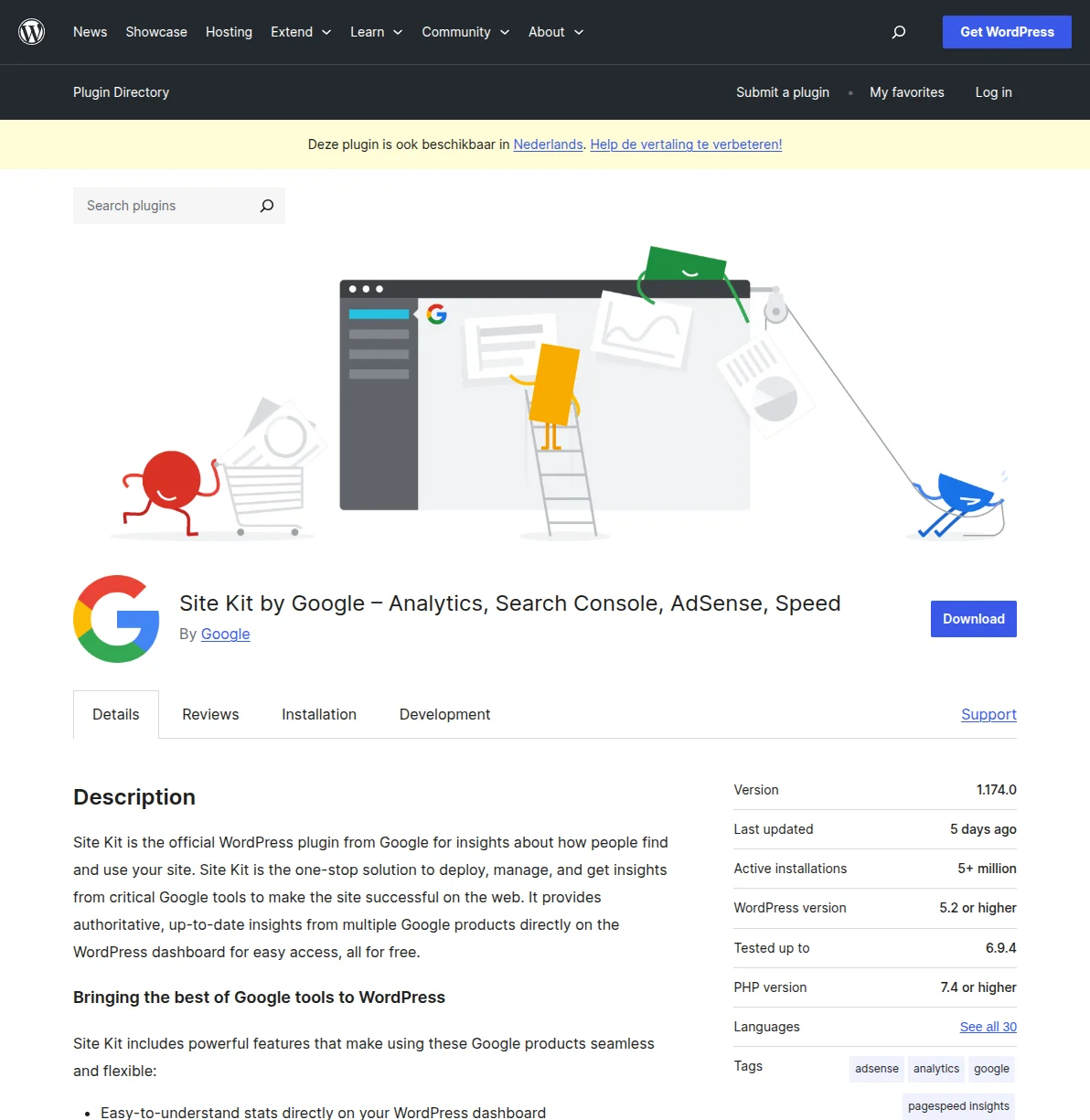 Site Kit by Google plugin page on WordPress.org