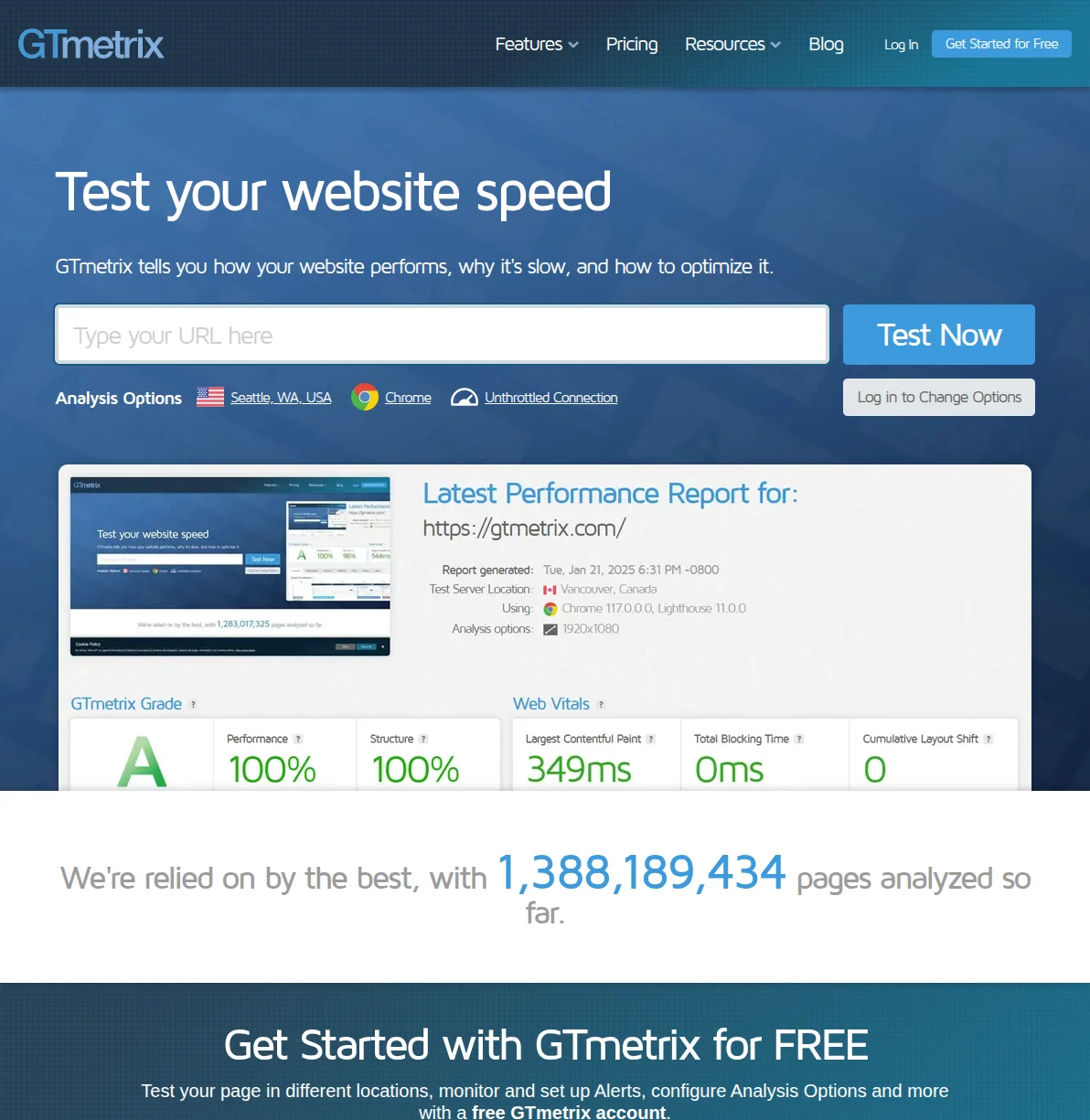 GTmetrix homepage showing website speed testing tool