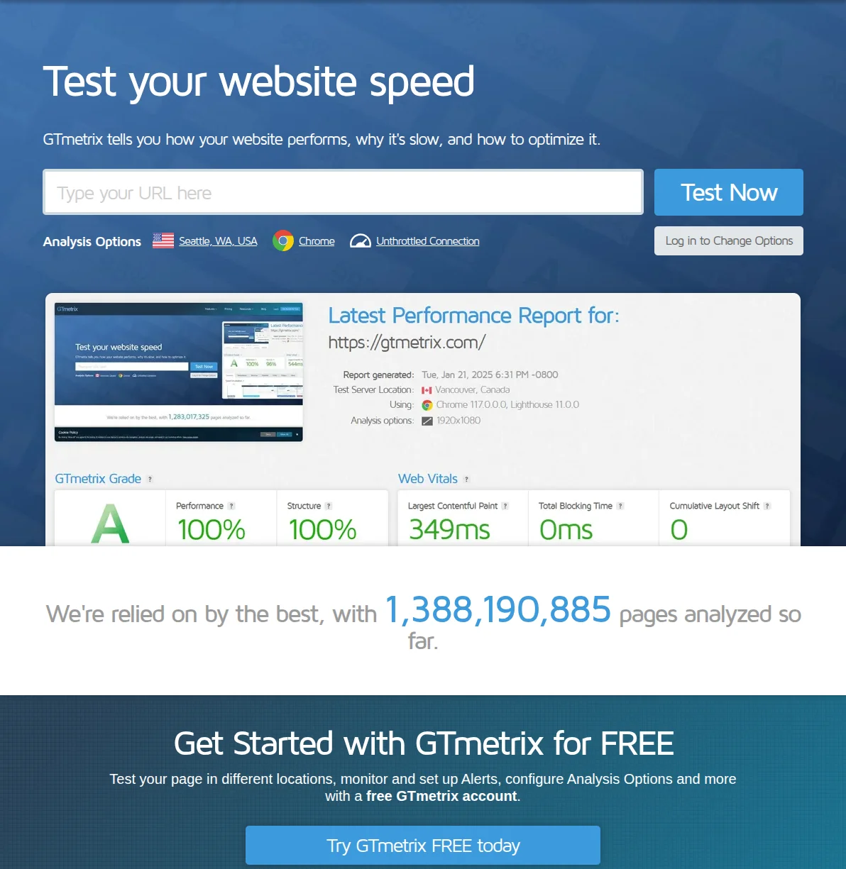 GTmetrix homepage showing the website speed test interface with URL input field and performance report preview