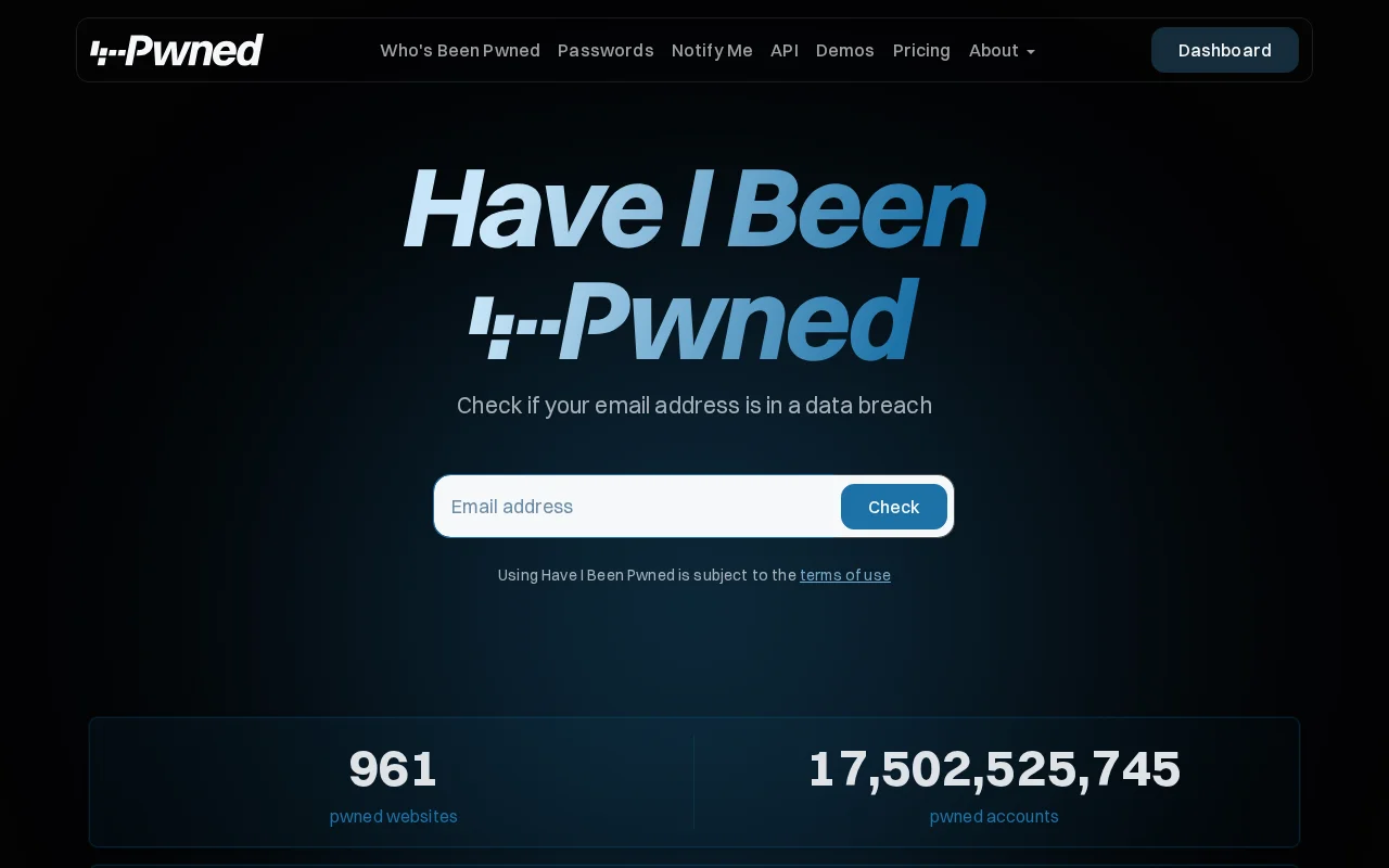 Have I Been Pwned website showing a search field where you can check if your email address has been compromised in a data breach