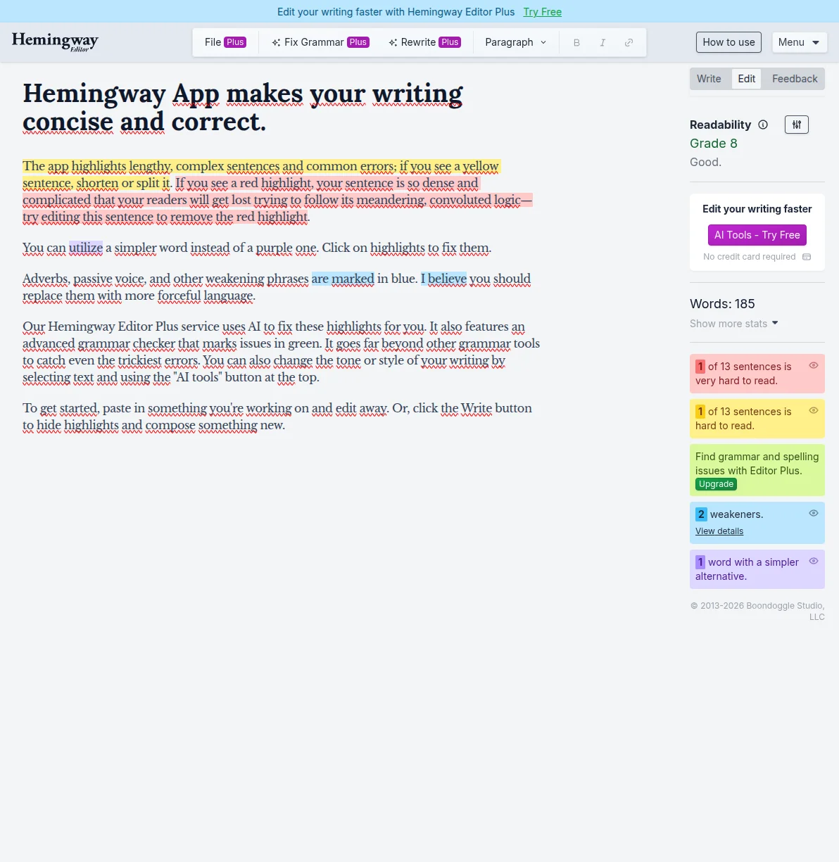 Hemingway Editor interface showing readability analysis with color-coded highlights for complex sentences and hard-to-read passages