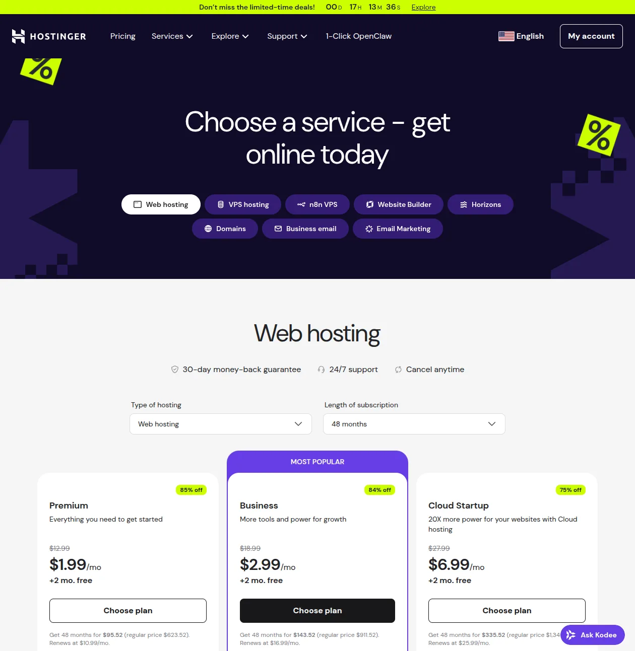 Hostinger pricing plans showing Premium, Business, and Cloud Startup options with introductory rates