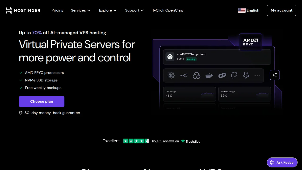 Hostinger VPS hosting page with 1-Click OpenClaw deployment option