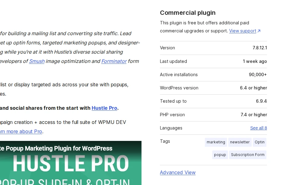 Hustle plugin page on WordPress.org showing popup and lead capture features