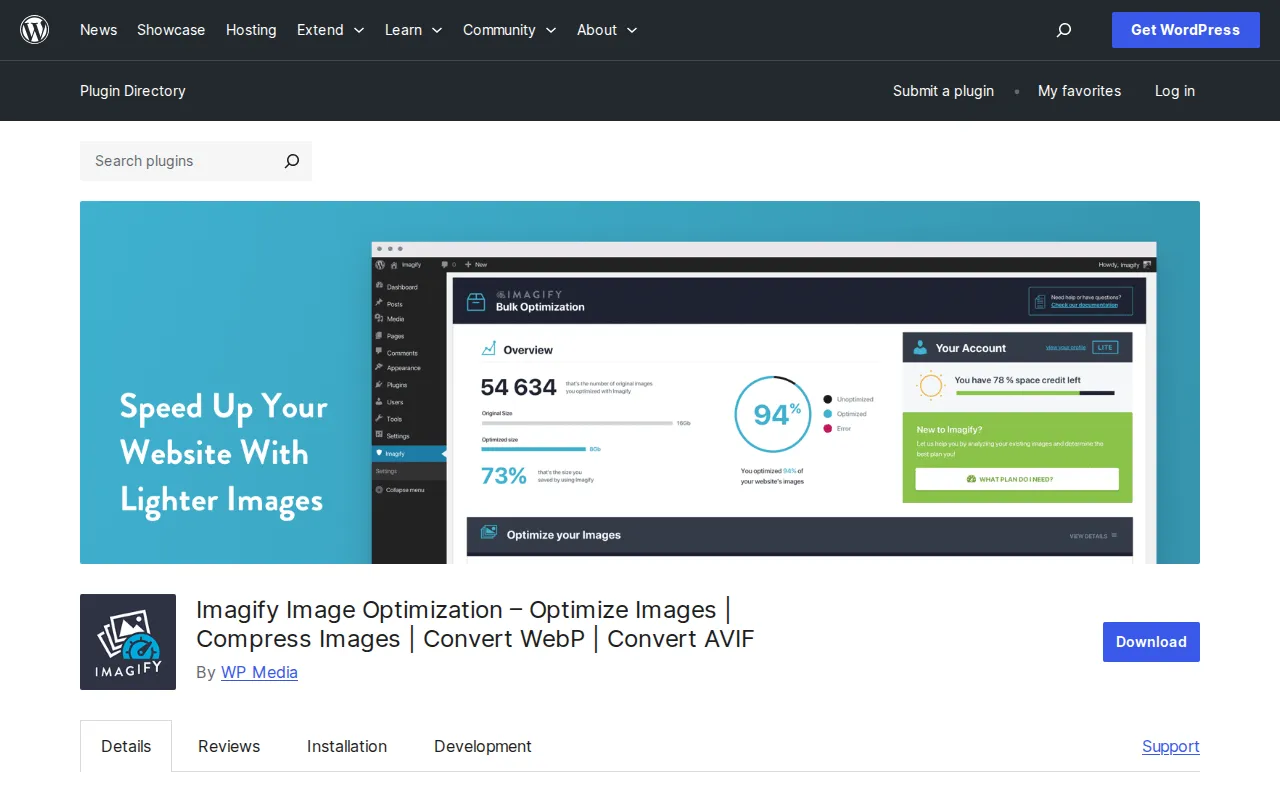 Imagify plugin page on WordPress.org showing its image compression and WebP conversion features with 94% optimization rate