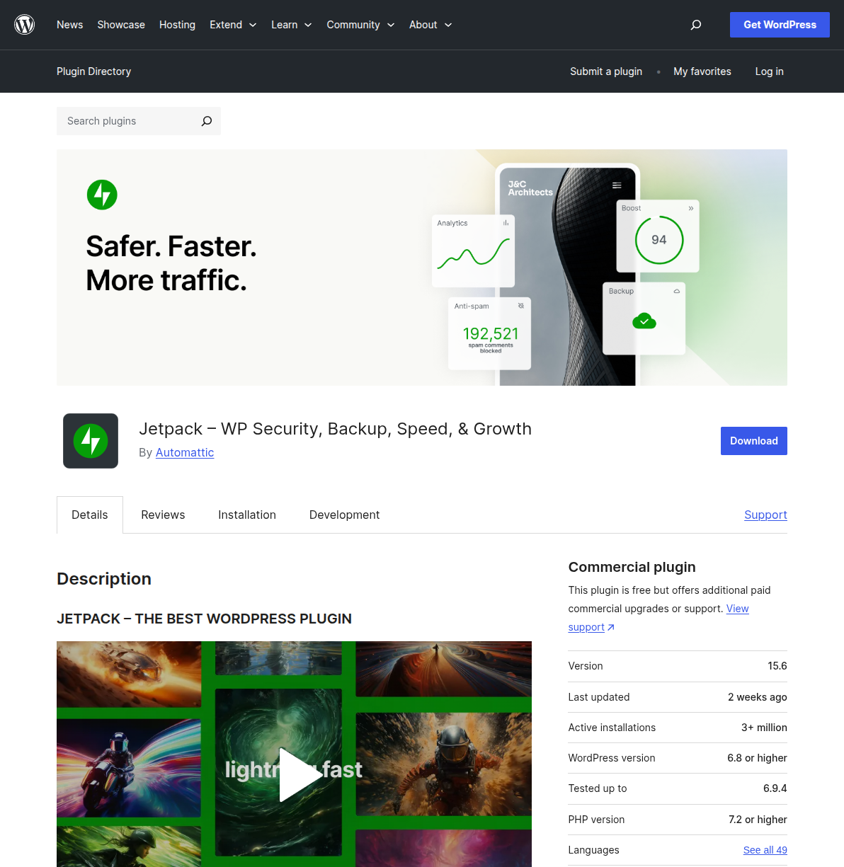 Jetpack plugin page on WordPress.org showing security, backup, speed and growth features