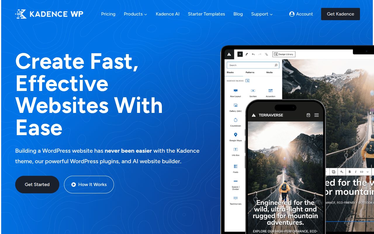 Kadence WP homepage with its drag-and-drop header builder and AI features