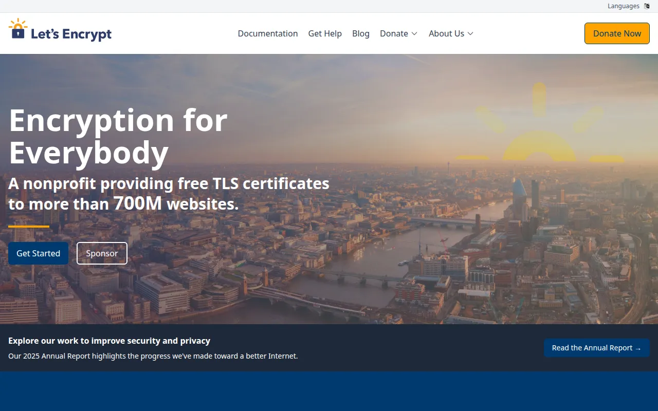 Let's Encrypt homepage showing their mission to provide free TLS certificates to more than 700 million websites