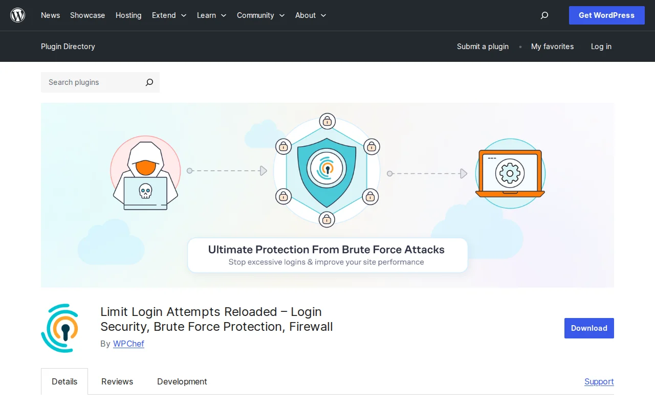 Limit Login Attempts Reloaded plugin page on WordPress.org, showing brute force protection and firewall features by WPChef
