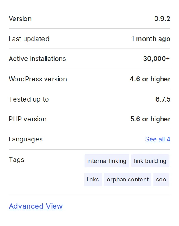 Link Whisper plugin meta panel on WordPress.org showing version, update date, and active installations