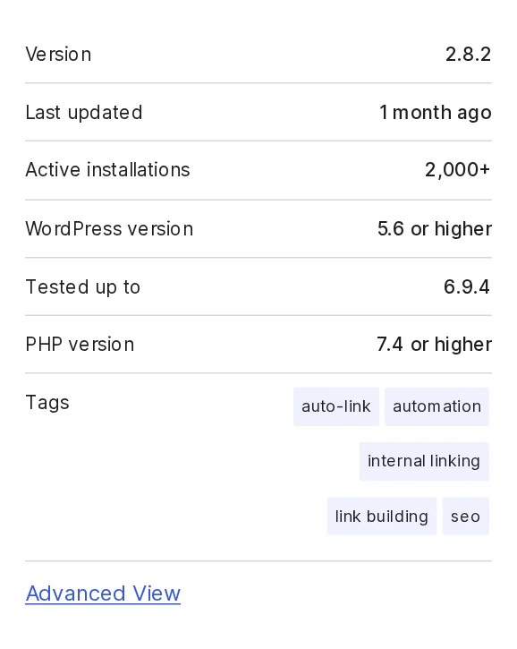 LinkBoss plugin meta panel on WordPress.org showing version, update date, and active installations
