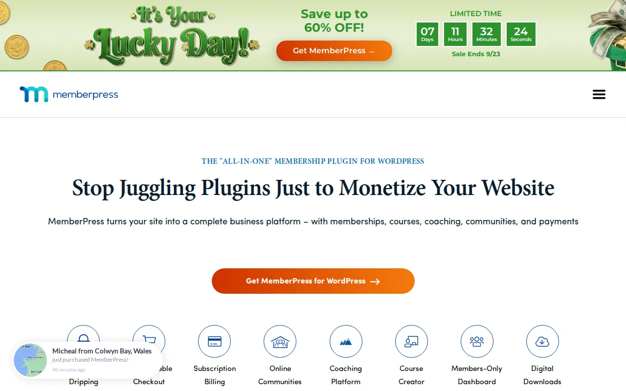 MemberPress homepage showing the all-in-one membership plugin for WordPress with features like content dripping, courses, coaching, and communities