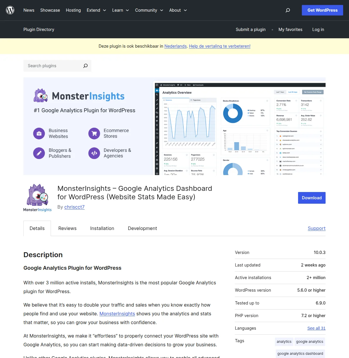 MonsterInsights plugin page on WordPress.org showing it is the number one Google Analytics plugin
