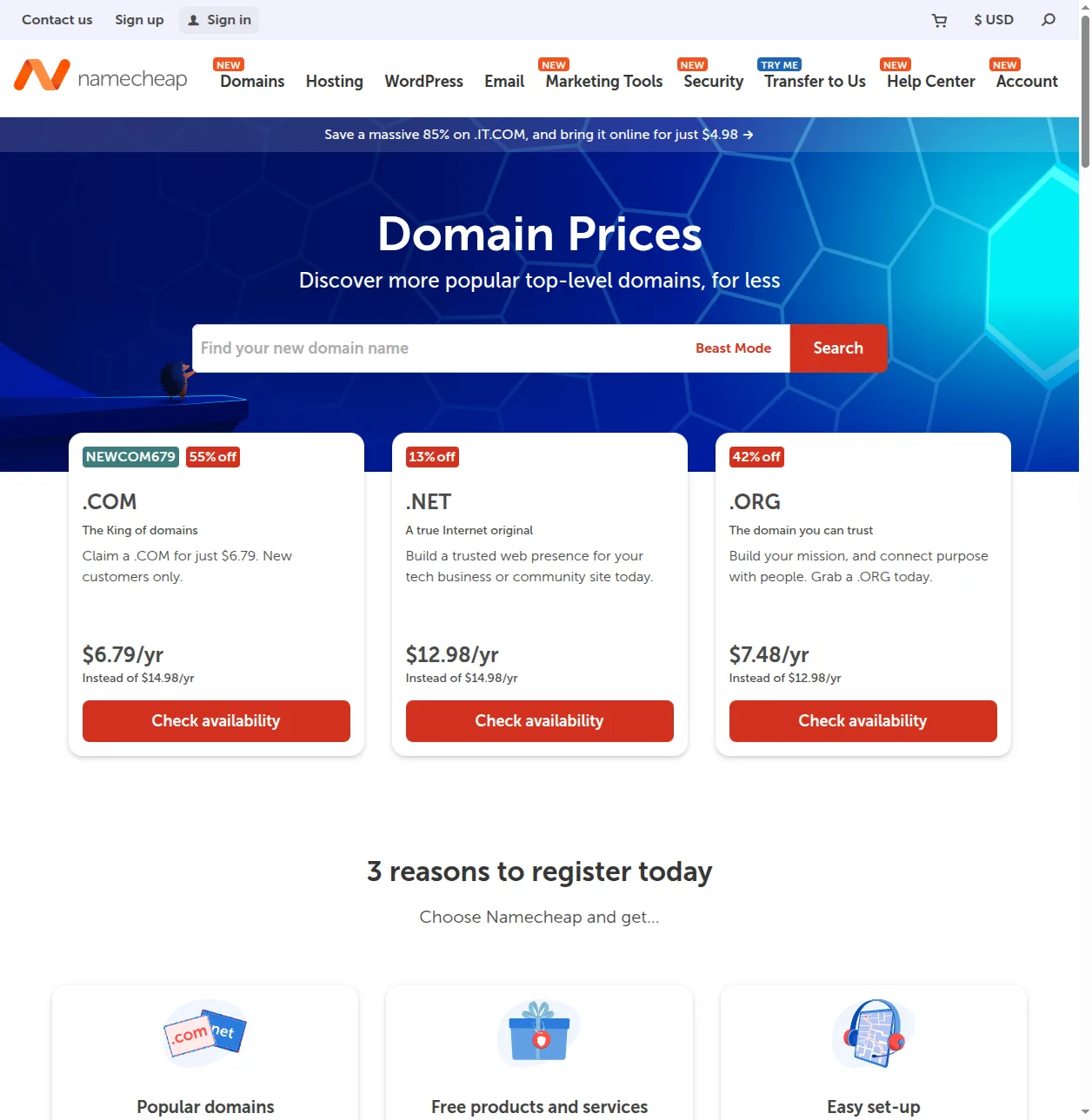 Namecheap domain registration page showing .com, .net, and .org pricing