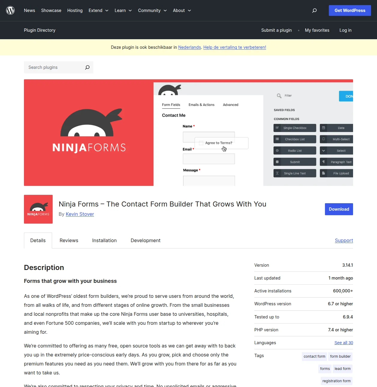 Ninja Forms plugin page in the WordPress directory showing 600K+ active installations with a visual drag-and-drop form builder