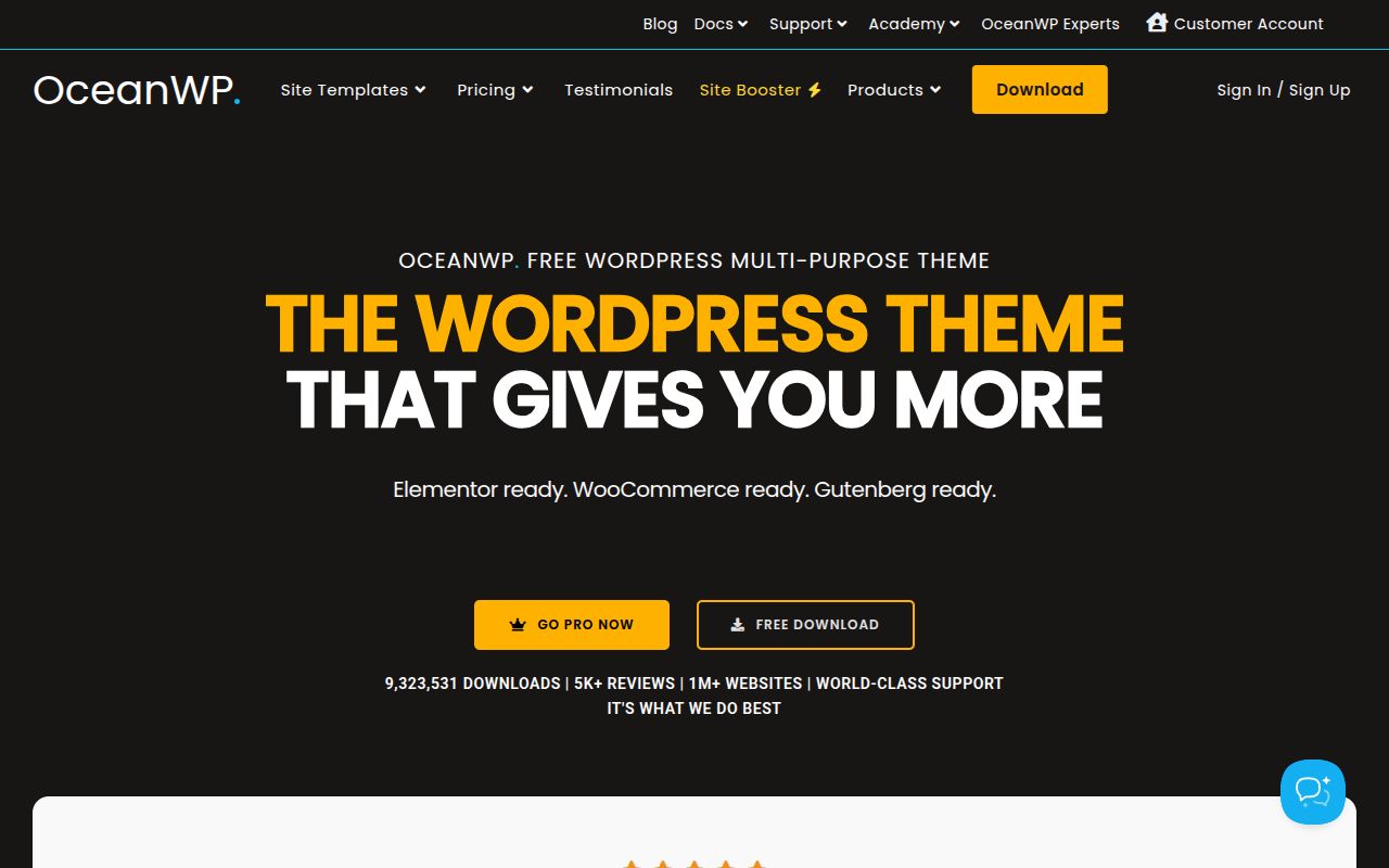 OceanWP homepage showing it as a free multi-purpose WordPress theme