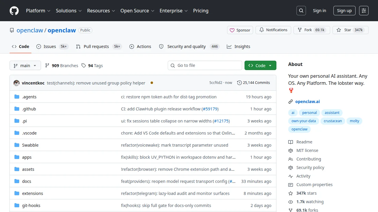 OpenClaw GitHub repository showing 347k stars — the most popular open-source AI agent