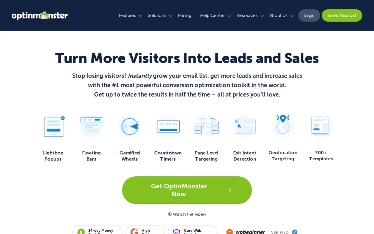 OptinMonster homepage showing conversion optimization tools