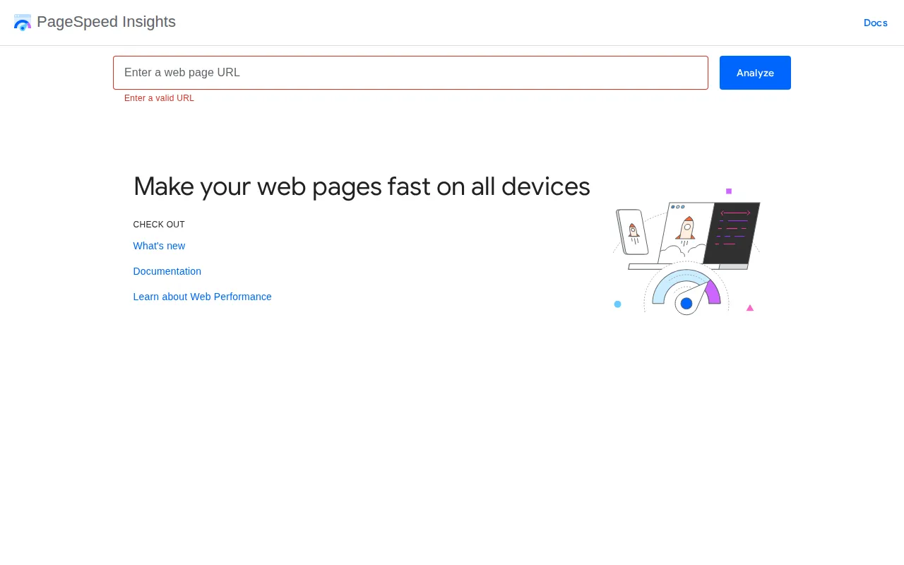 Google PageSpeed Insights tool showing the URL input field and Analyze button for testing website performance