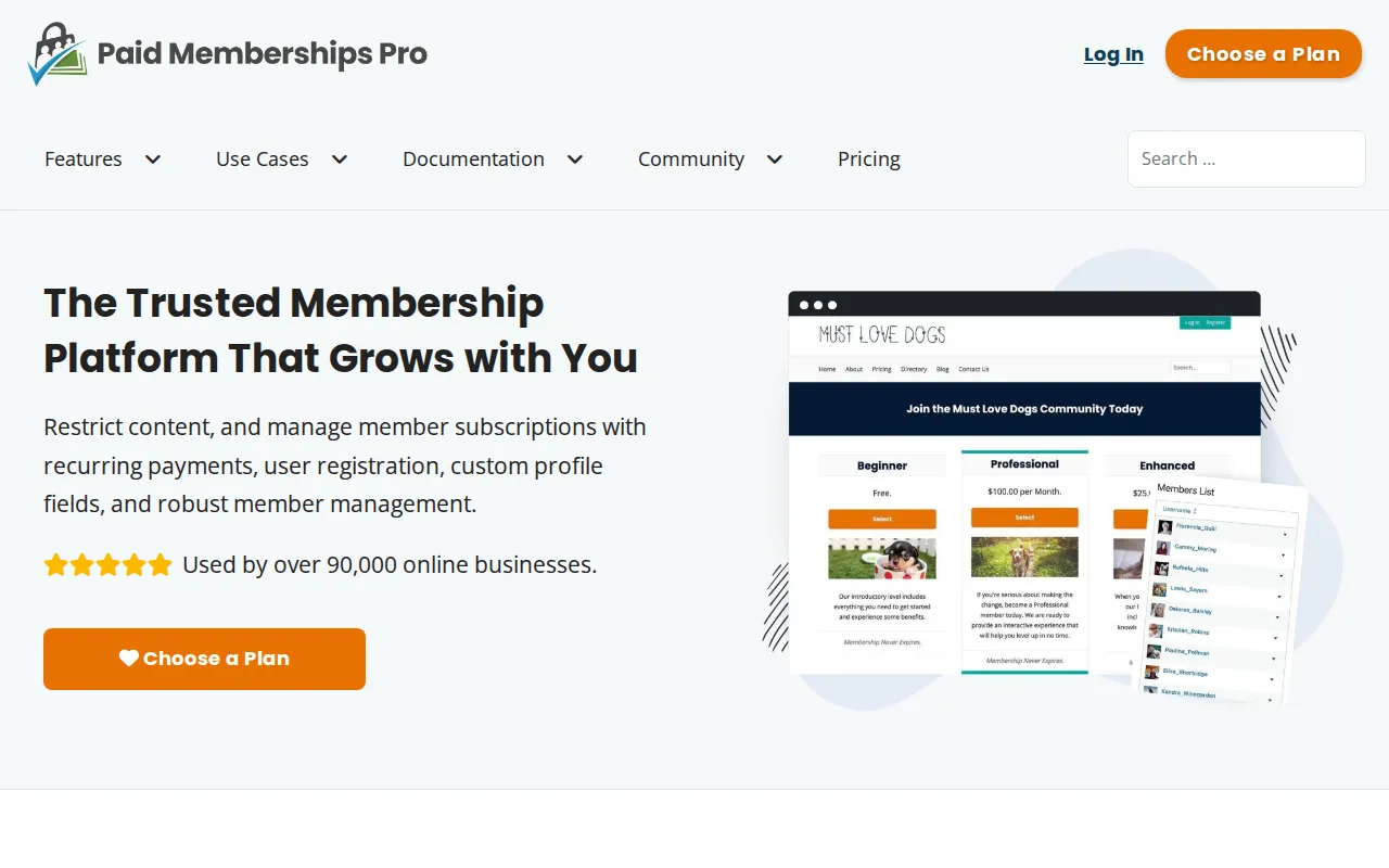Paid Memberships Pro website showing the trusted membership platform with features for content restriction, recurring payments, and member management