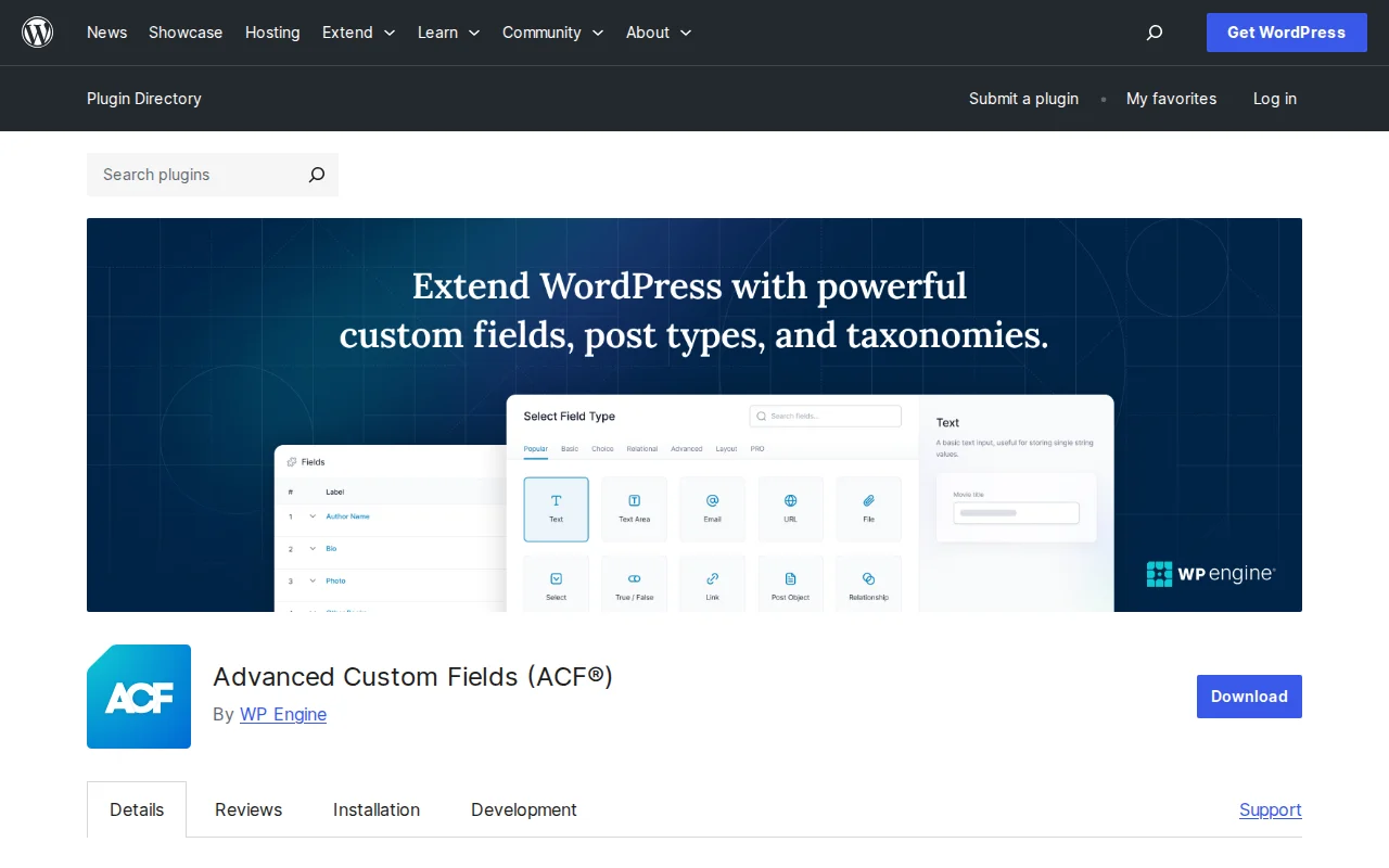 Advanced Custom Fields (ACF) plugin page on WordPress.org — 2M+ active installs, by WP Engine