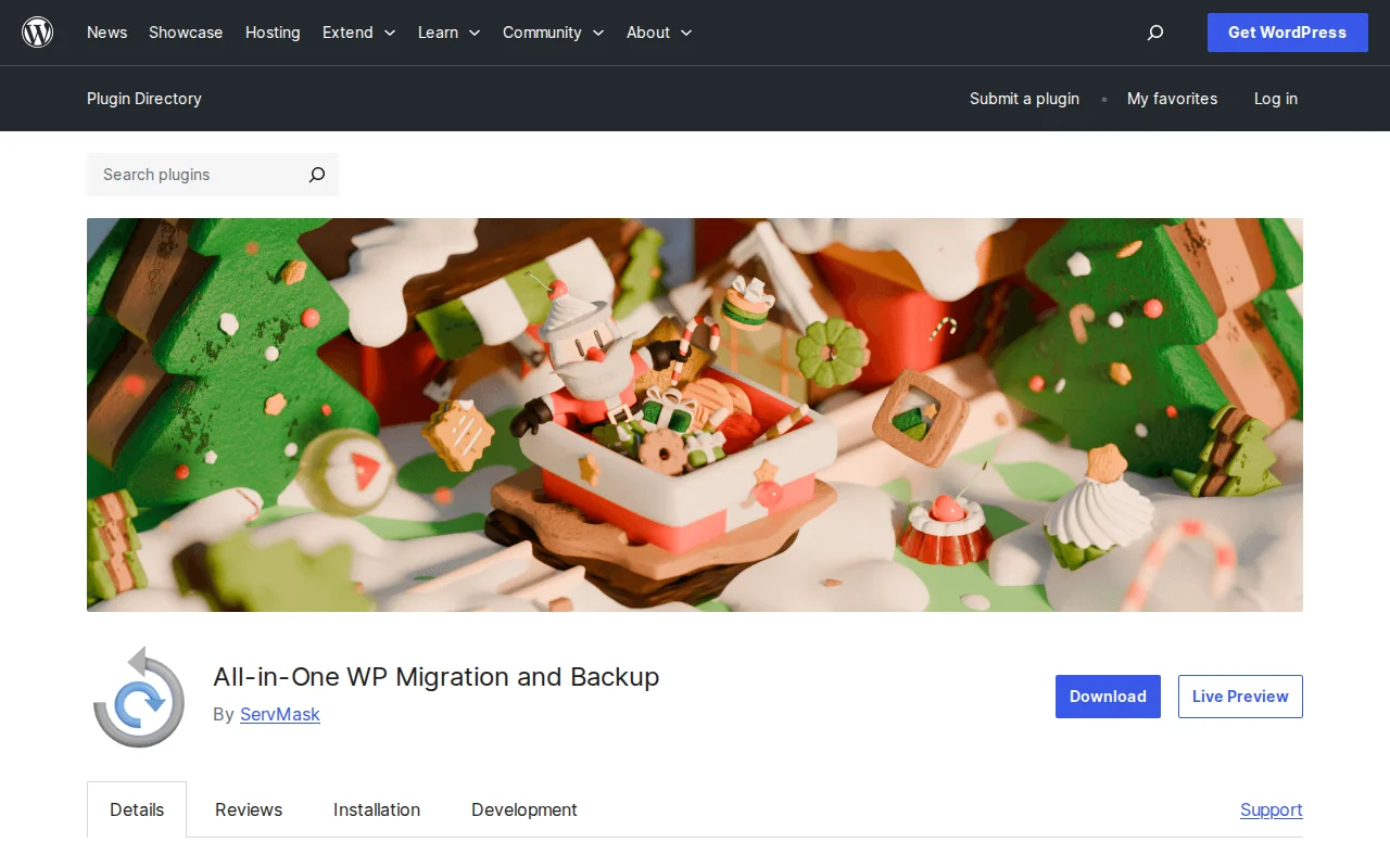 All-in-One WP Migration plugin page on WordPress.org — the most popular WordPress site migration tool