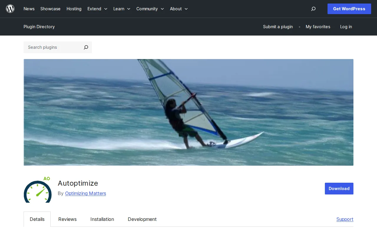 Autoptimize plugin page on WordPress.org showing active installations, rating, and plugin description