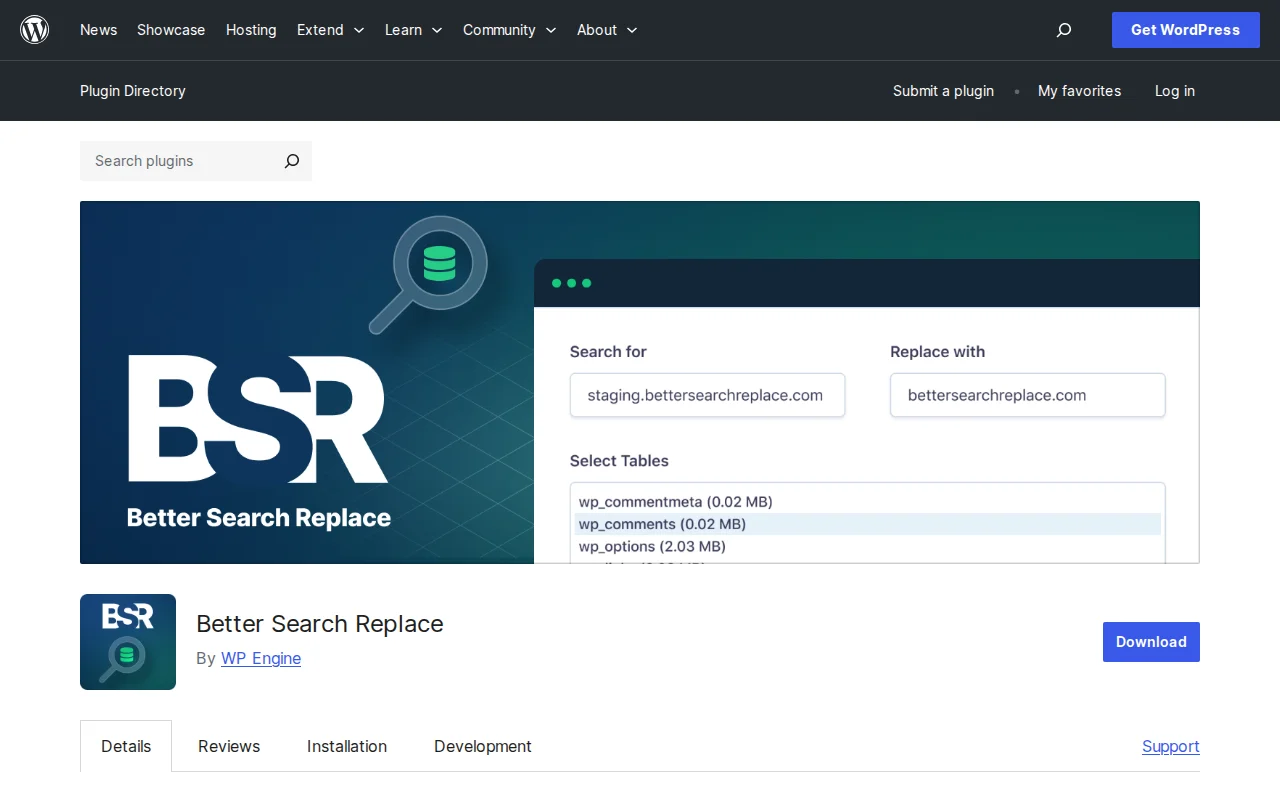 Better Search Replace plugin on WordPress.org — database search and replace tool with 1M+ active installs