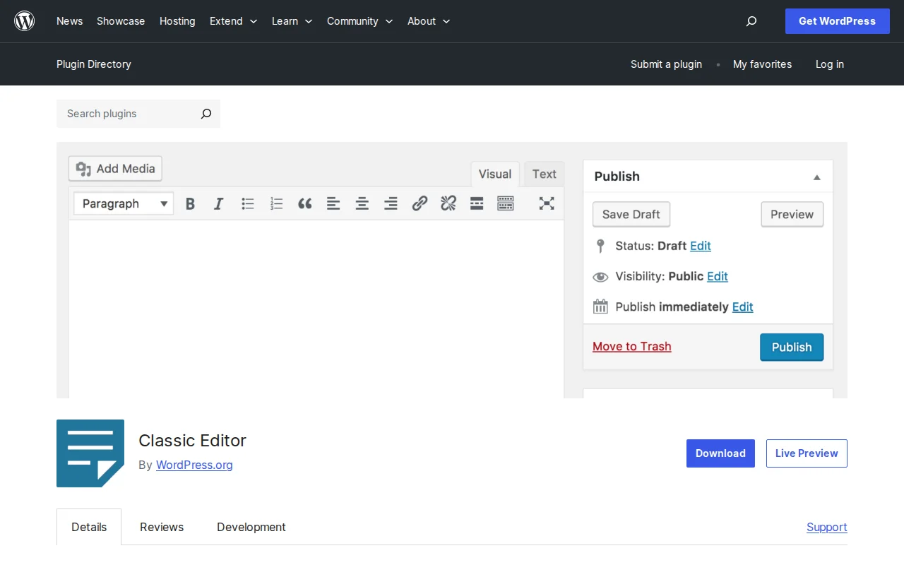 Classic Editor plugin page on WordPress.org showing 5+ million active installs and 4.9 star rating
