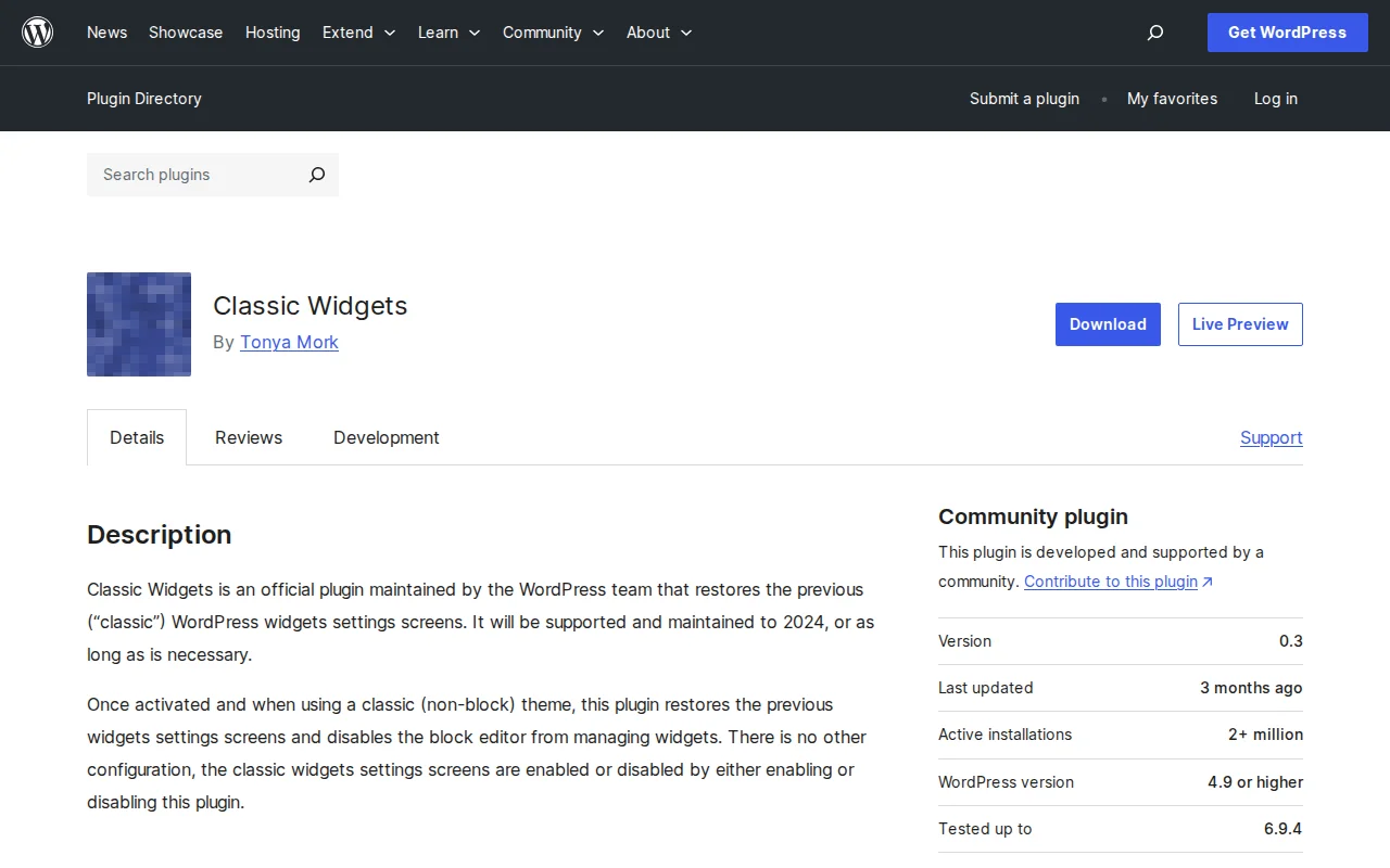 Classic Widgets plugin page on WordPress.org — official WordPress plugin to restore the classic widget management screen