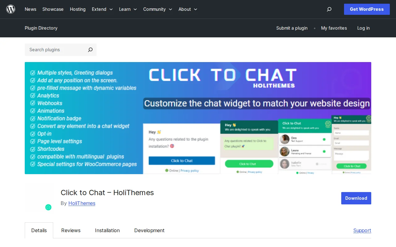 Click to Chat plugin page on WordPress.org