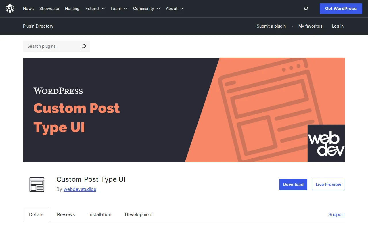 Custom Post Type UI plugin on WordPress.org — register custom post types and taxonomies without code