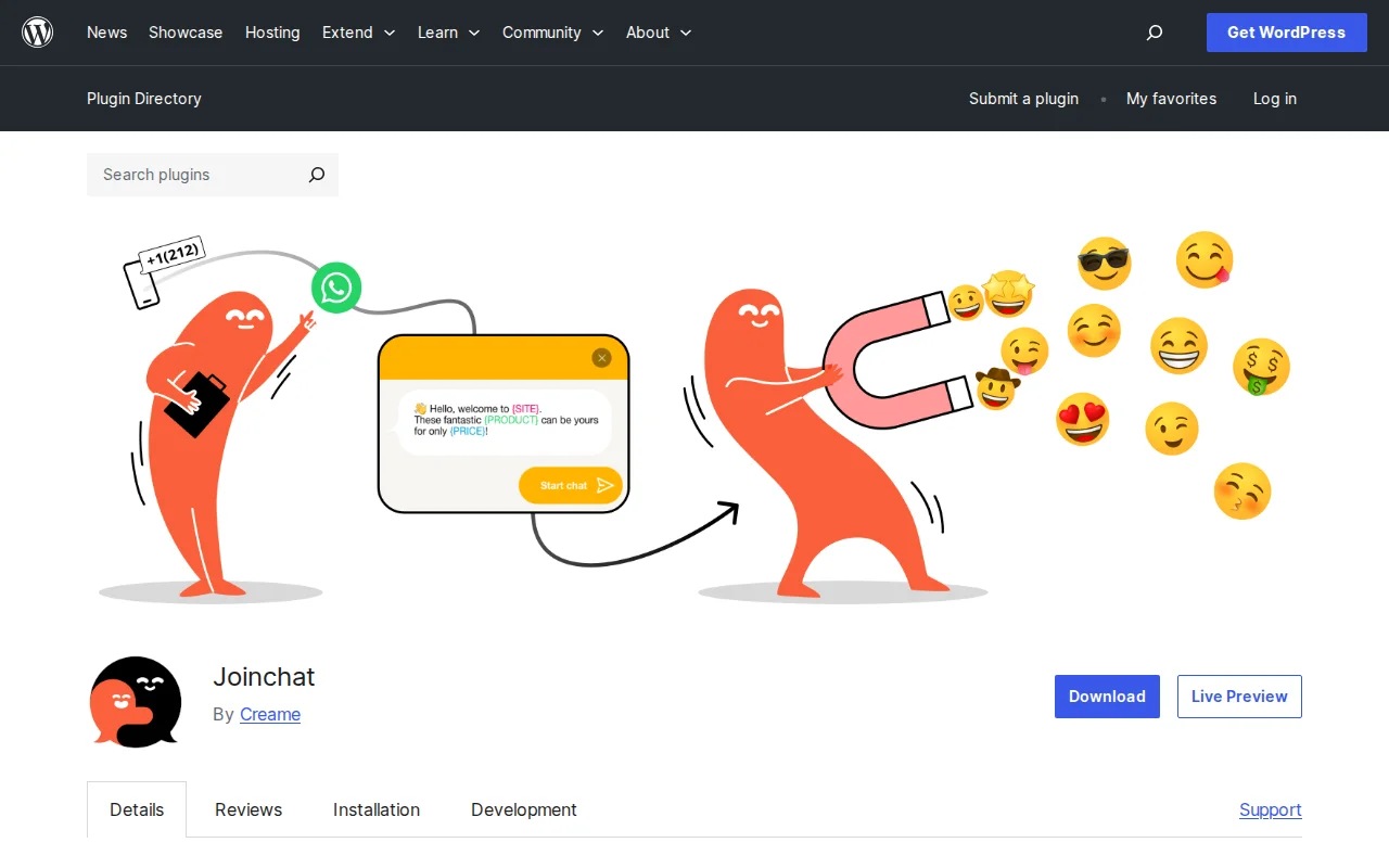 Joinchat WhatsApp plugin page on WordPress.org