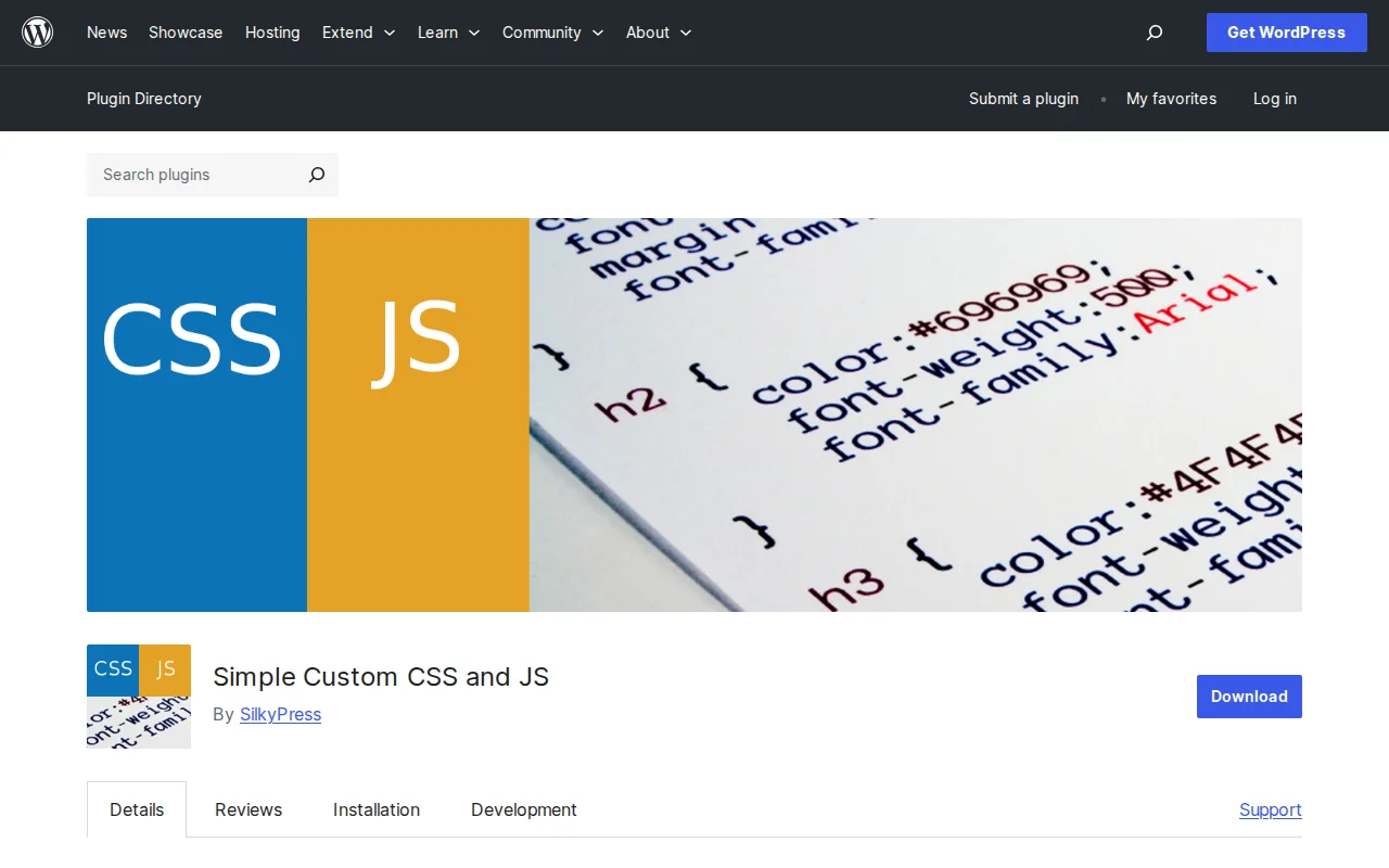 Simple Custom CSS and JS plugin page on WordPress.org