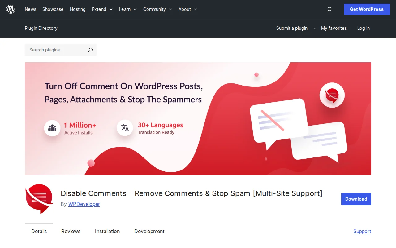 Disable Comments plugin on WordPress.org — remove comments and stop spam with multi-site support