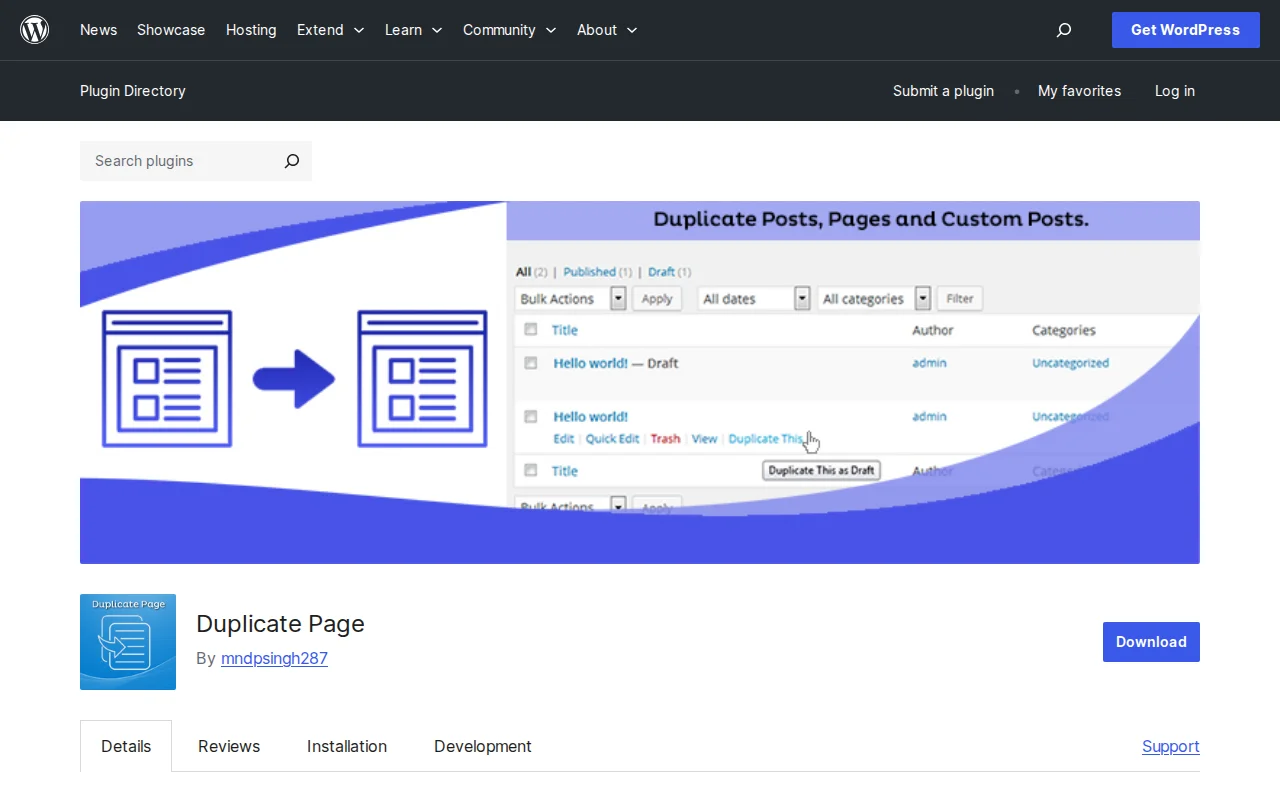 Duplicate Page plugin on WordPress.org — 3+ million active installs, 4.8 star rating