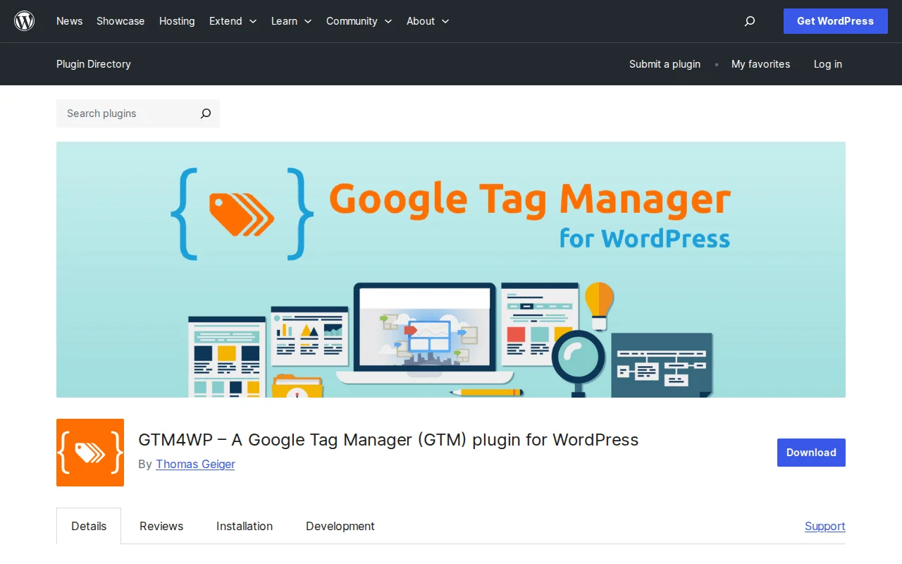 GTM4WP plugin page on WordPress.org showing Google Tag Manager integration for WordPress