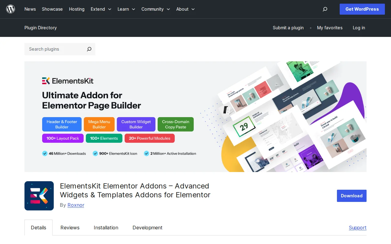 ElementsKit Elementor Addons plugin on WordPress.org — 90+ widgets, mega menu builder, header/footer builder