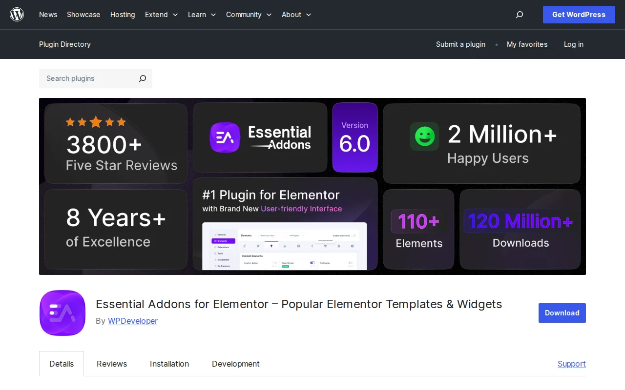 Essential Addons for Elementor plugin on WordPress.org — 2M+ active installs, 4.9 stars, 110+ widgets