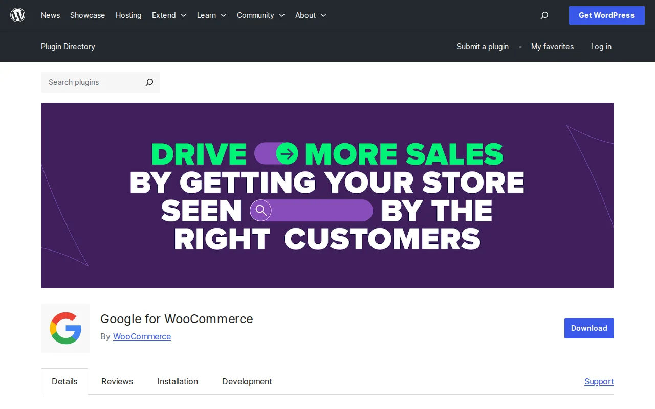 Google for WooCommerce plugin page on WordPress.org