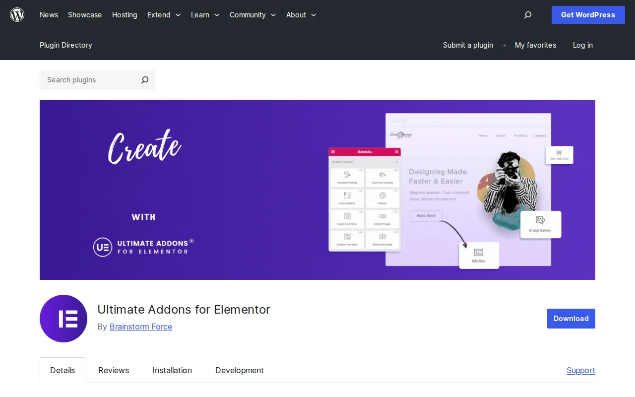 Ultimate Addons for Elementor plugin on WordPress.org — 2M+ installs, 4.9 star rating, by Brainstorm Force
