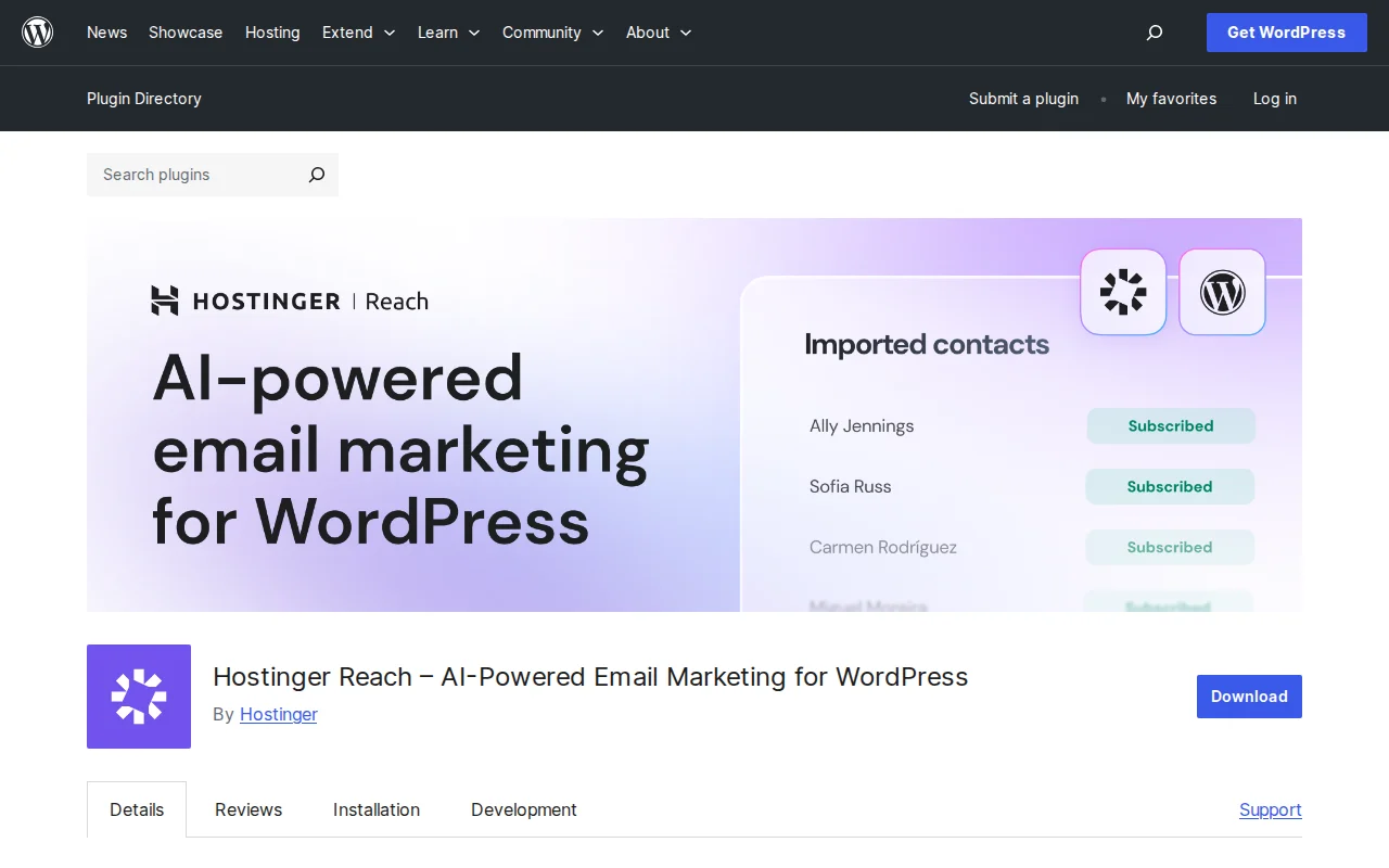 Hostinger Reach plugin page on WordPress.org showing AI-powered email marketing features
